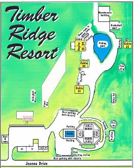 Timber Ridge map, Mark Twain lake, cabins, kitchenette units, motel units, alpacas, firering, pavilion, playground, game room, wooded setting