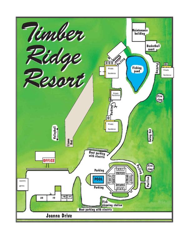 Timber Ridge map, Mark Twain lake, cabins, kitchenette units, motel units, alpacas, firering, pavilion, playground, game room, wooded setting